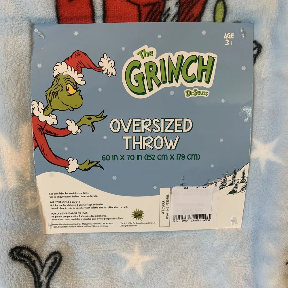 Dr. Seuss The Grinch Light Blue Christmas Holiday Throw Blanket 60